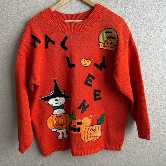 Colleen’s Collectables Sweaters - Vintage Colleen’s Collectibles 90’s Orange Halloween Cat Pullover Sweater